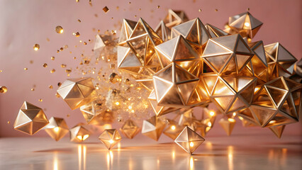 Canvas Print - golden geometric abstract: shimmering, illuminated gold geometric shapes float against a soft pink b
