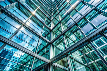Poster - Glass Facade: A mesmerizing upward view of a modern skyscraper's glass facade, capturing the interplay of light, reflection, and architectural precision.