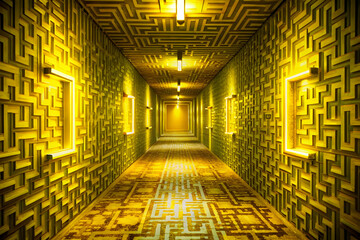 Poster - The Labyrinthine Hallway: A long, narrow corridor illuminated by soft, golden light. The walls are adorned with a repeating pattern of intricate geometric shapes. The corridor appears to be a maze.