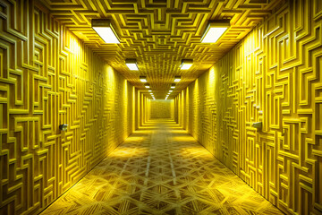 Poster - golden maze corridor: a captivating image of an endless yellow corridor with intricate maze-like pat