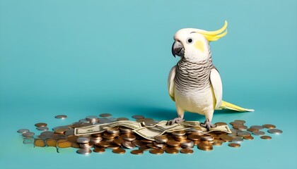 Canvas Print - White cockatoo with torn dollar bill symbolizing loss and bankruptcy against a vibrant blue backdrop