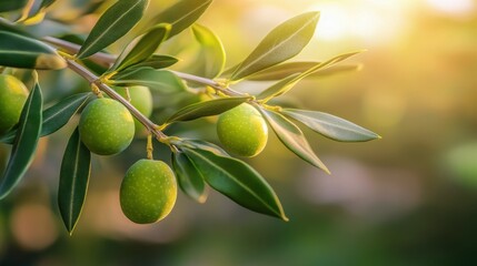 Olive branch with ripe green olives glowing in warm sunlight during a golden hour