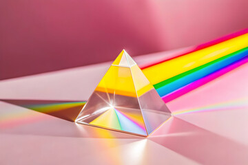 Poster - Prism of Light: A crystal prism casts a vibrant rainbow on a soft pink surface, creating a visually captivating and abstract image.  