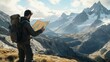 © Johannes - A man with a backpack is seen standing in the mountains, carefully studying a map in his hands to navigate the rugged terrain and find his way through the challenging landscape