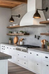 Poster - Modern kitchen with white cabinets, open shelving, and stainless steel appliances in a bright space