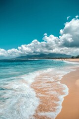 Wall Mural - Tranquil beach with gentle waves and fluffy clouds under a bright blue sky on a sunny day