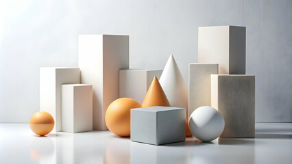 Poster - Geometric Still Life: A minimalist composition featuring geometric shapes in white, gray, and orange hues, showcasing the interplay of light and shadow, perfect for graphic design, branding.