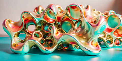 Poster - Abstract Metallic Sculpture: A mesmerizing, 3D rendered abstract sculpture composed of shimmering, iridescent metallic forms.