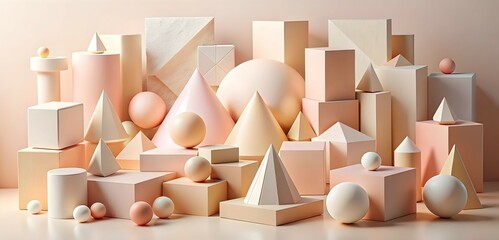 Poster - Pastel Geometric Harmony: An aesthetically pleasing arrangement of spheres, cones, and cubes in soft pastel hues, creating a visually captivating abstract composition. 