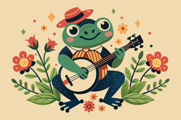 Wall Mural - cute frog plying banjo, cottagecore style with flower E.eps