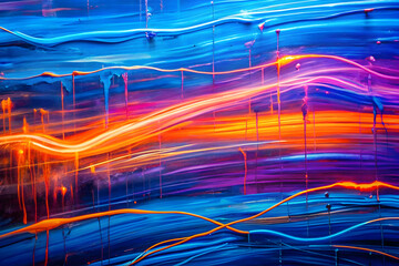 Poster - Abstract Light Trails: Vibrant, dynamic streaks of light in blue, orange, and pink create a mesmerizing abstract painting, perfect for modern design and technology. The fluid lines evoke energy.
