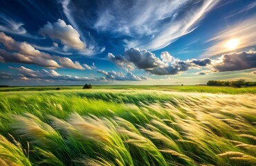 Poster - Serene Sunset Wheatfield:  A breathtaking landscape photograph captures the beauty of a sun-drenched wheat field gently swaying in the breeze under a dramatic sunset sky.