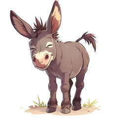 Cute cartoon donkey standing on grass, smiling with large ears and a happy expression. Fun animal illustration.