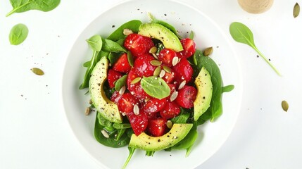 Wall Mural - A vibrant salad featuring spinach, avocado, strawberries, and seeds, promoting healthy eating.