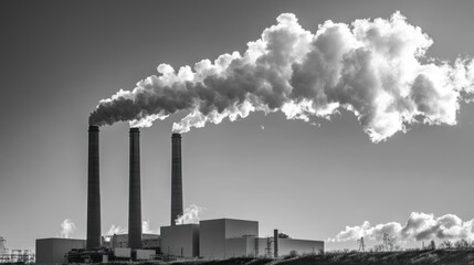 Wall Mural - Industrial smokestacks emitting clouds of smoke against a clear sky.