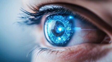 Poster - Closeup of a human eye with virtual hologram elements for surveillance and digital ID verification