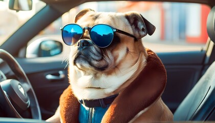 Wall Mural - Spitz dog sporting stylish sunglasses against a vibrant blue backdrop