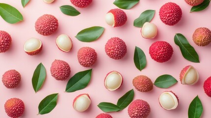 Sticker - A vibrant arrangement of lychees and green leaves on a pink background.