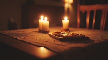 Wall Mural - A cozy table setting with pizza and candles, creating a warm atmosphere for dining.