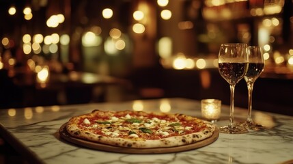 Canvas Print - A delicious pizza on a marble table with wine glasses and soft lighting in a cozy setting.