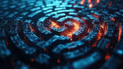 Poster - Digital abstract of a Bitcoin labyrinth highlighting the complexity and thrilling challenges in crypto business