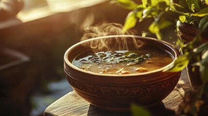 Canvas Print - A steaming bowl of soup sits on a wooden surface, surrounded by greenery and warm light.