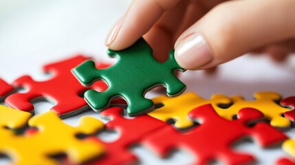 Sticker - A hand placing a green puzzle piece into a colorful jigsaw puzzle.