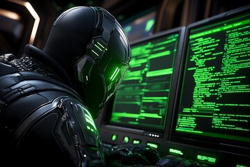 Poster - Hyper-realistic ethical hackerâ€™s workspace, with glowing green screens showing vulnerability scans, security logs, and detailed code as the hacker runs penetration tests