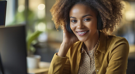 Wall Mural - Happy african American woman working remotely on a virtual video team meeting call, remote work and flexible culture concept. Inclusive and diverse workplace. DEI remote working