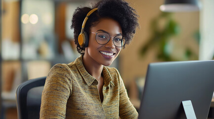 Wall Mural - Happy african American woman working remotely on a virtual video team meeting call, remote work and flexible culture concept. Inclusive and diverse workplace. DEI remote working