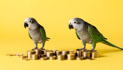 Wall Mural - Parrot Surrounded by Gold Coins Symbolizing Cash Investments on Clean White Background