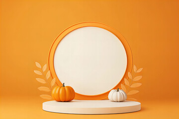 A white frame with two pumpkins and leaves in front of it