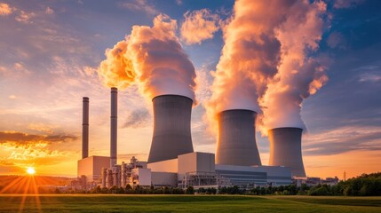 Canvas Print - A nuclear power plant at sunset with cooling towers emitting steam.