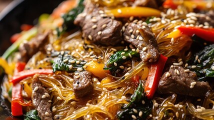 Sticker - A close-up of a delicious stir-fried beef and vegetable dish with glass noodles and sesame.