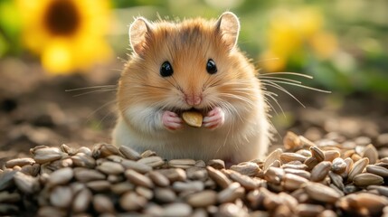 A cute hamster sits on a pile of sunflower seeds, eating one in front of a sunflower.