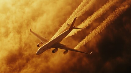 Wall Mural - An airplane flying through clouds, leaving vapor trails against a golden sky.