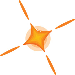 Poster - Bright cartoon four pointed star shining with orange light beams, isolated over white background