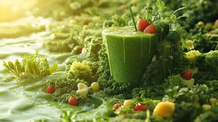 Surreal vision of green smoothie transforming into lush landscape.