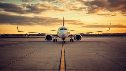 Sticker - A front view of an airplane on the runway during sunset, highlighting travel and aviation.