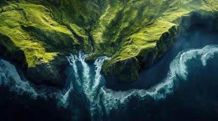 Wall Mural - Lush green cliffs rise steeply from the ocean, where vibrant waves crash against the rocks. The sun sets, illuminating the landscape in warm hues, creating a breathtaking natural spectacle