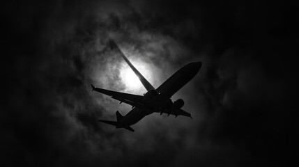 Sticker - A silhouette of an airplane flying through dark clouds with a bright light in the background.