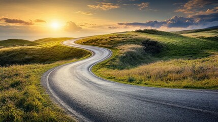 Winding road toward a bright horizon symbolizing the journey and challenges on the path to success in motivational and business themes