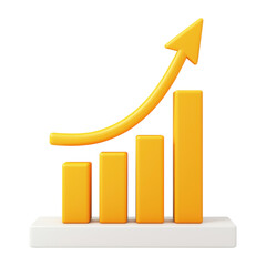3D yellow bar graph illustration with an upward-pointing arrow, representing growth, success, or improvement. Perfect for business or statistical concepts. Isolated on transparent background, png.