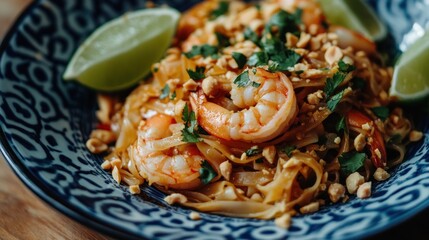 Canvas Print - A vibrant plate of shrimp pad thai garnished with lime, peanuts, and herbs.