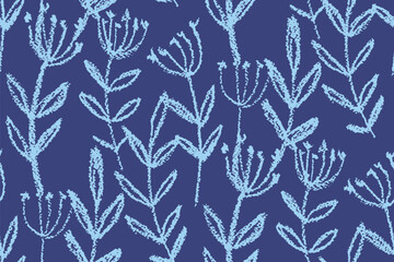 Wall Mural - 
Seamless floral pattern, abstract nature ornament of large chalk drawing wild plants. Two color flower print: hand drawn flowers on stems, leaves on blue background. Vector illustration, art print.