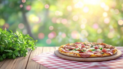 Poster - A fresh pizza on a wooden table with a blurred outdoor background.