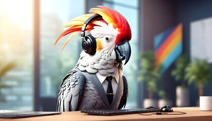 Wall Mural - Professional Ara Parrot in Headphones and Office Suit as a Consultant in a Modern Office Setting