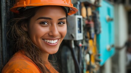 Poster - Close up portrait of a young woman in a hard hat, smiling.