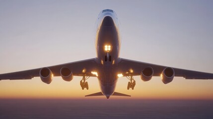 Canvas Print - A commercial airplane flying towards the sunset, showcasing its silhouette and landing gear.