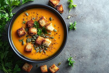 Pumpkin soup with cream, seeds, crackers and cinnamon. Autumn decor on table, orange squash in background. Healthy Halloween food. Top view with copy space